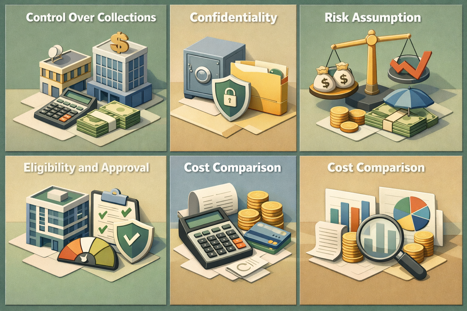 Comparison of invoice financing and factoring covering control, confidentiality, risk, eligibility, and costs.