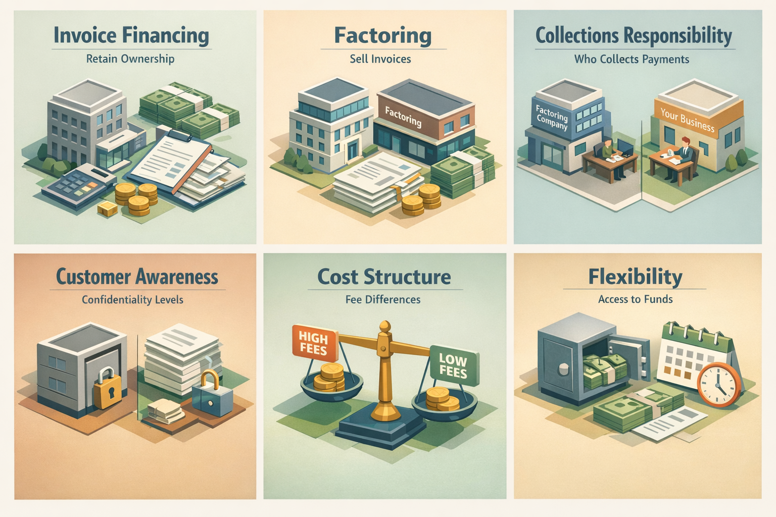 Comparison of invoice financing and factoring highlighting ownership, collections, customer awareness, costs, and flexibility.
