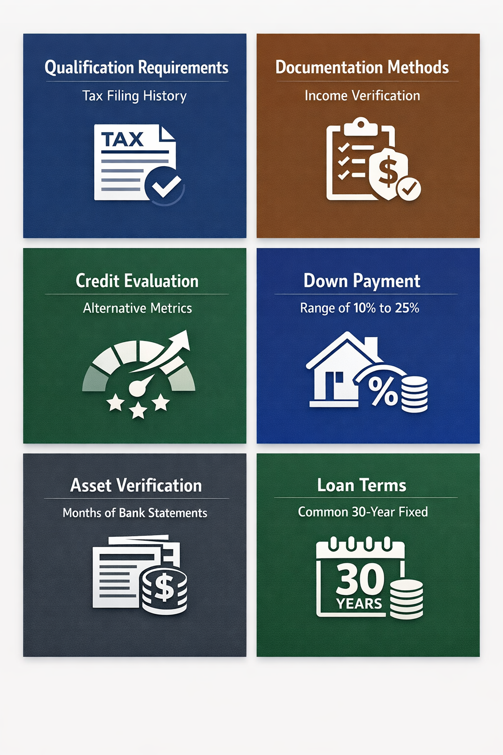 Infographic showing ITIN loan qualification requirements, documentation methods, credit evaluation, down payment, asset verification, and loan terms.