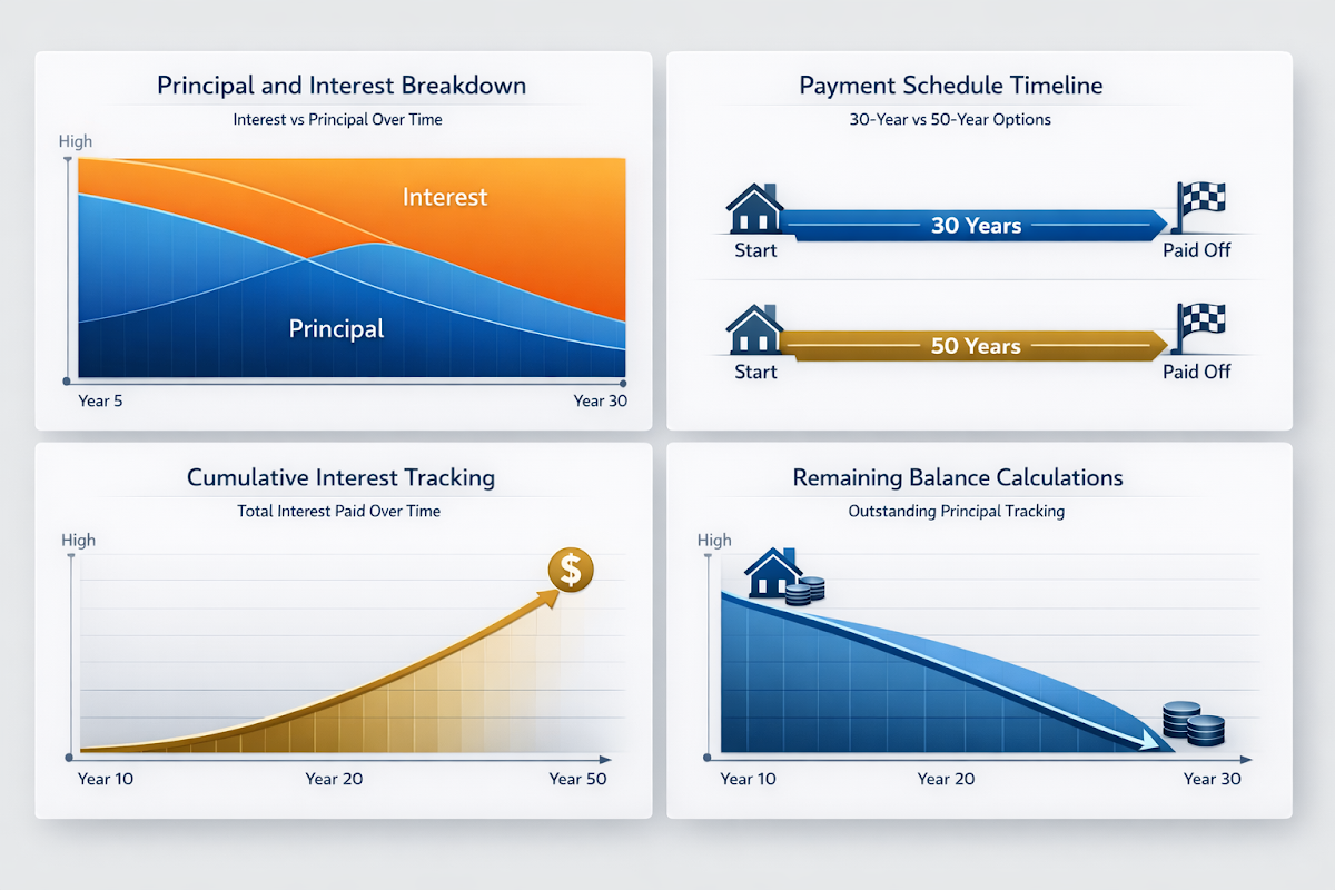 Infographic showing mortgage amortization schedule components: principal and interest breakdown, payment timeline, interest tracking, and balance calculations.