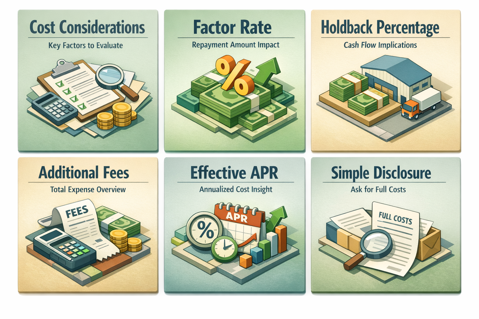 Infographic detailing the cost considerations of merchant cash advances including factor rate, holdback percentage, and effective APR.