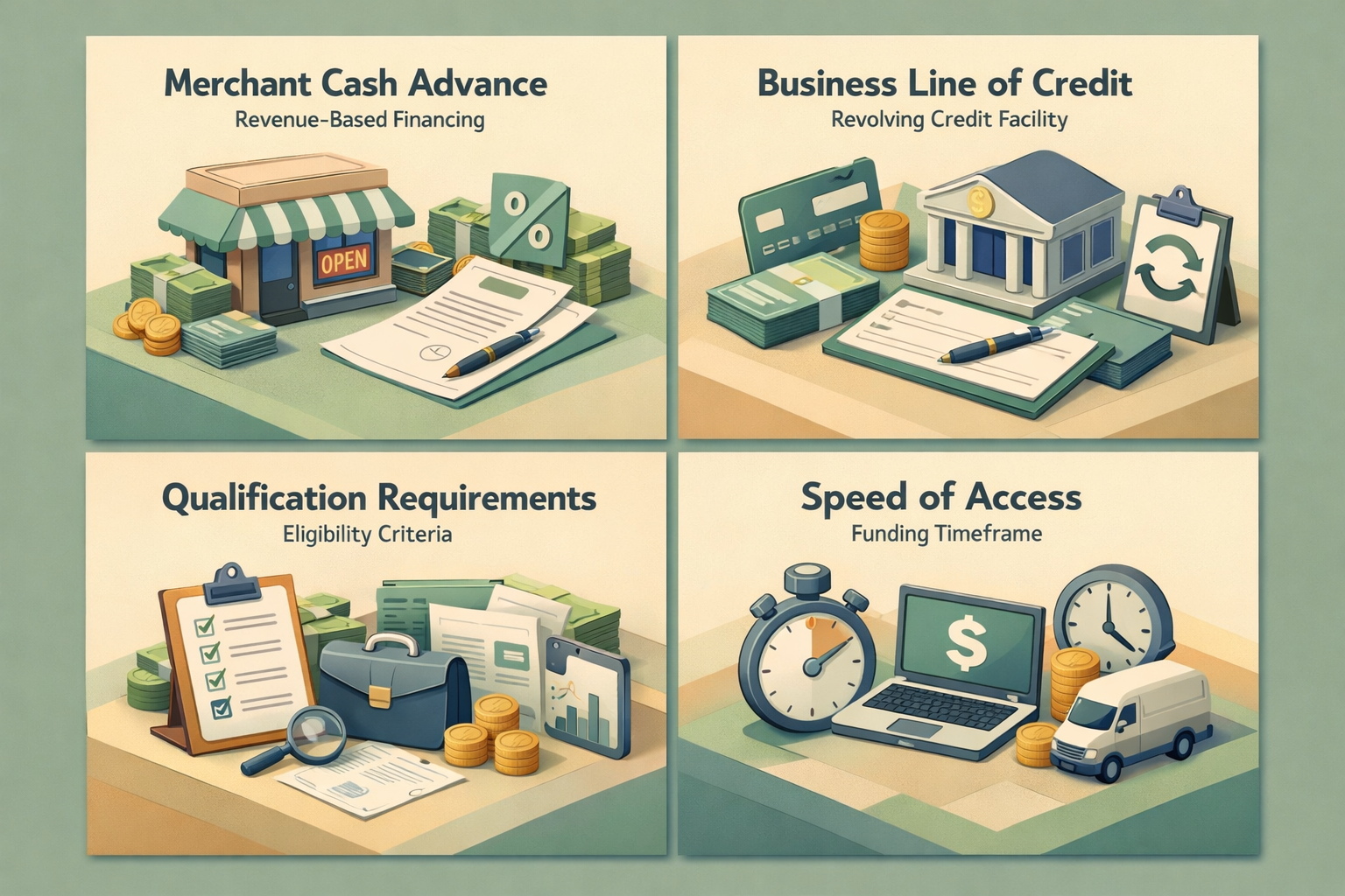 Comparison of Merchant Cash Advance and Business Line of Credit, including qualification requirements and speed of access.