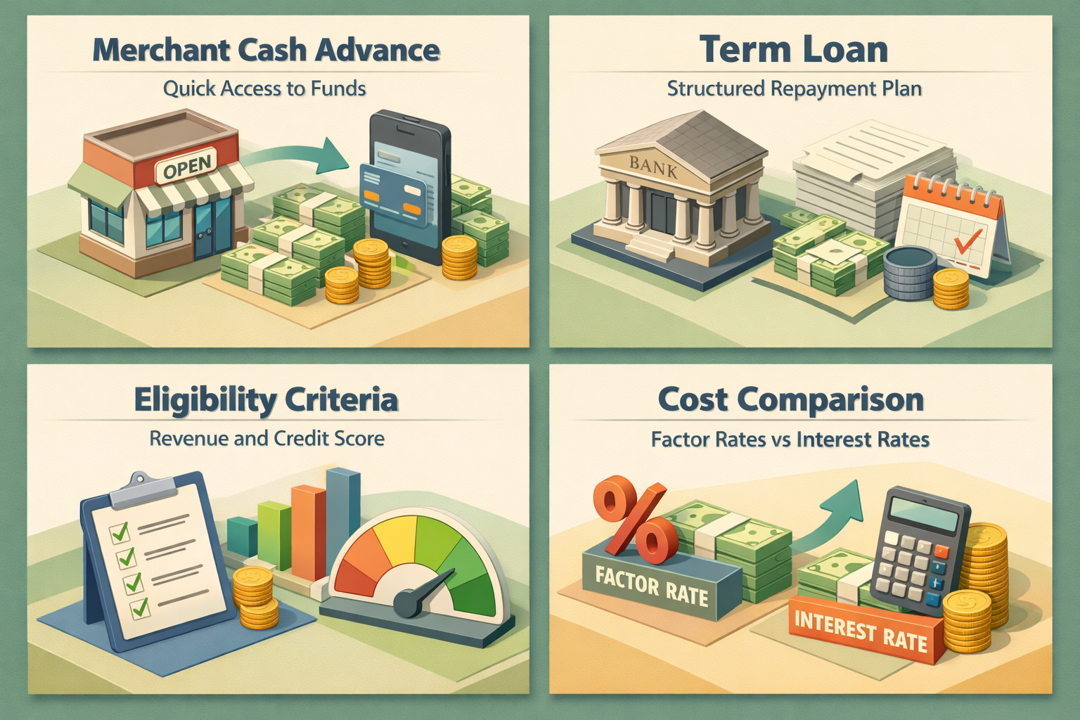 Comparison of Merchant Cash Advances and Term Loans, including eligibility criteria and cost differences.