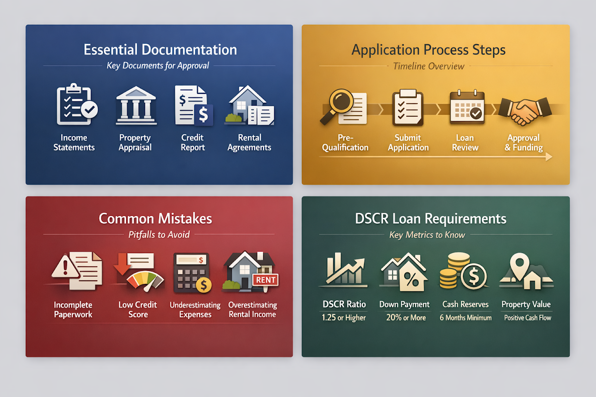 Visual checklist for mortgage application including essential documentation, application steps, common mistakes, and DSCR loan requirements.