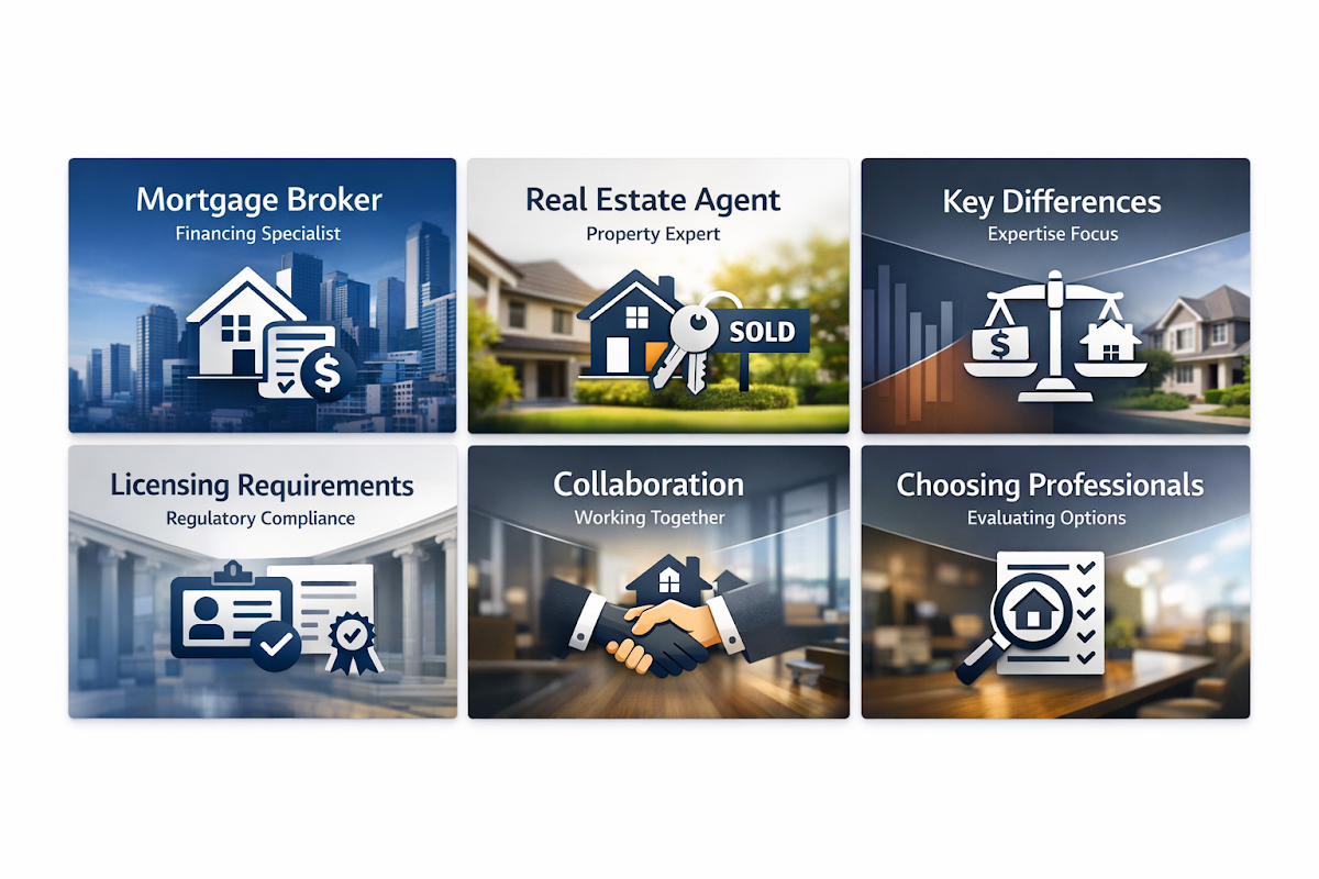 Comparison of mortgage brokers and real estate agents, highlighting their roles, differences, licensing, collaboration, and selection criteria.
