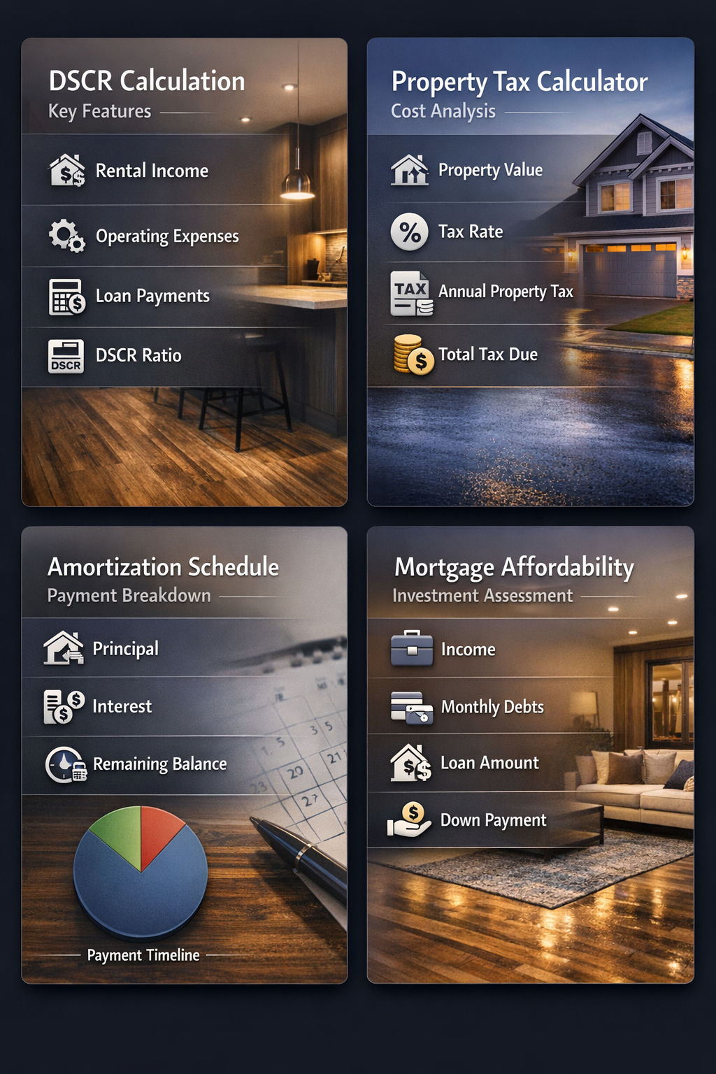 Infographic showing key features of DSCR calculation, property tax calculator, amortization schedule, and mortgage affordability assessment.