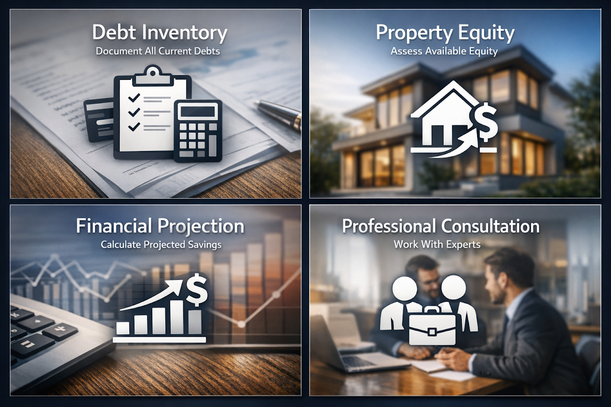 Steps for successful debt consolidation through mortgage financing including debt inventory, equity evaluation, financial projection, and consultation.