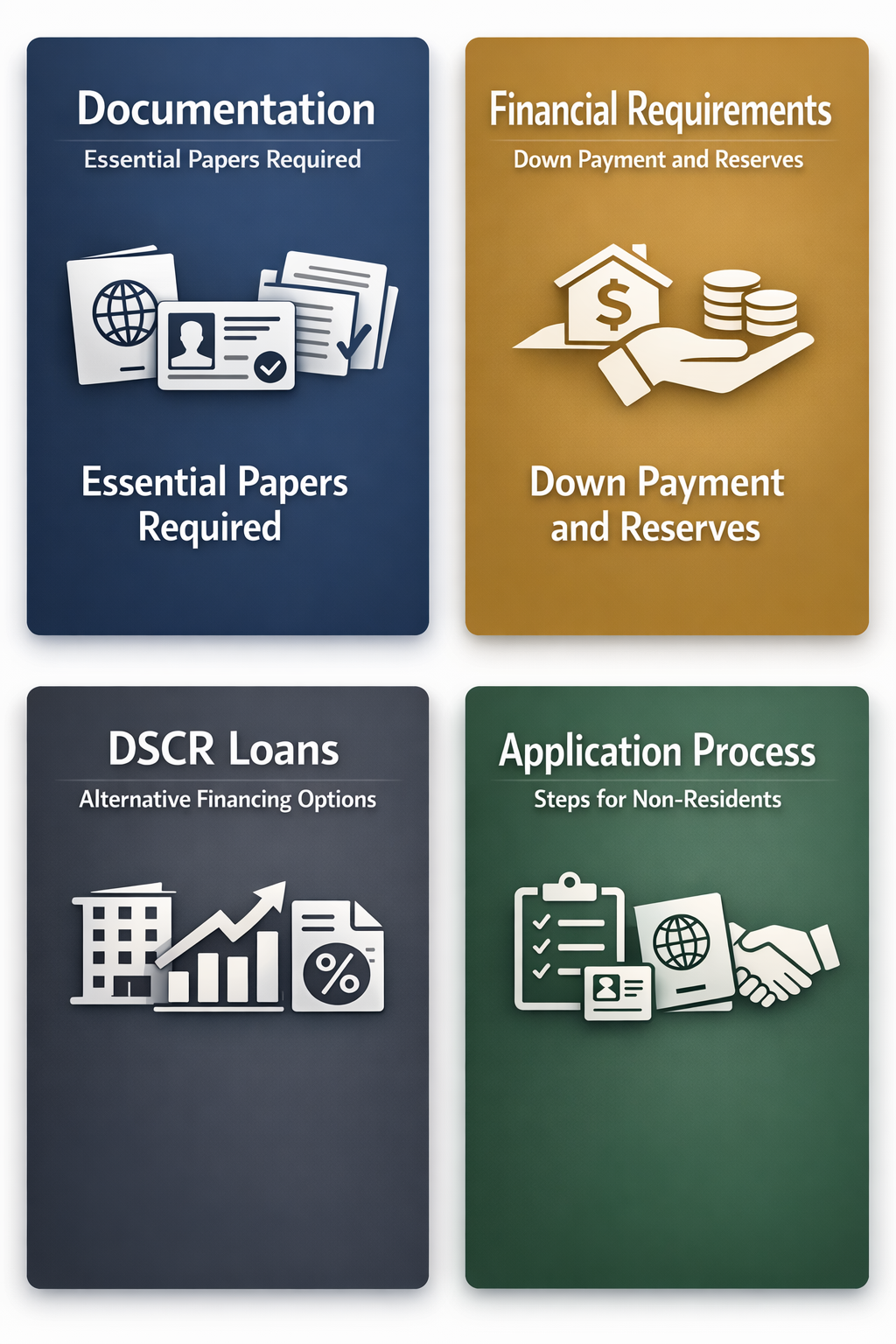 Visual guide on essential documentation, financial requirements, DSCR loans, and application process for foreign national mortgages.