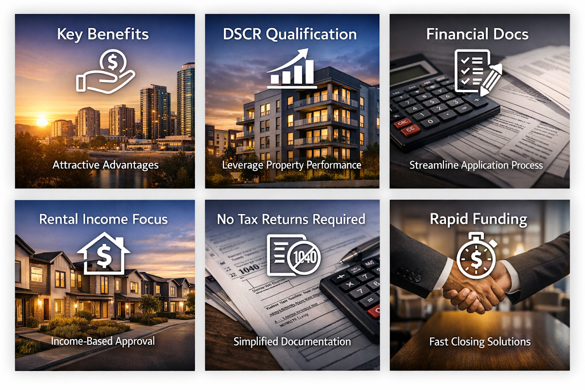 Infographic showing key benefits of multi-family investment financing, DSCR qualification, and financial documentation requirements.