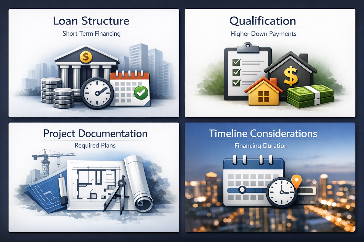 Infographic on construction loan fundamentals covering loan structure, qualification, documentation, and timeline considerations.
