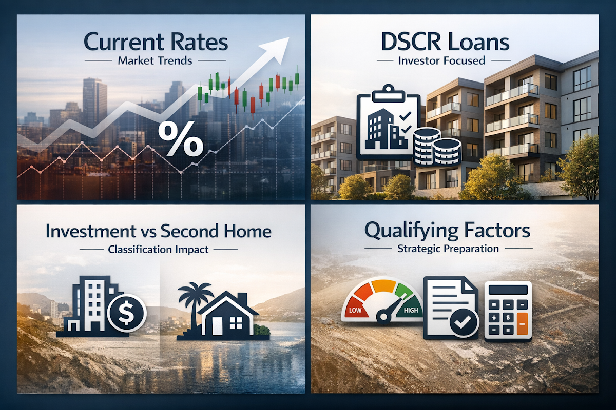 Infographic showing current second home mortgage rates, DSCR loans, investment vs second home classifications, and qualifying factors.