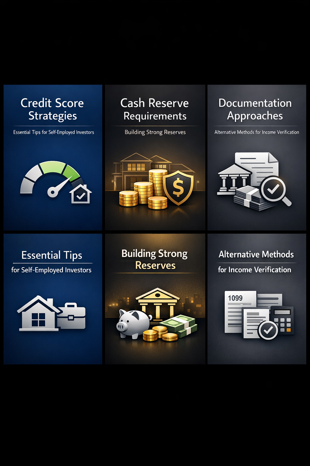 Infographic on credit score strategies, cash reserve requirements, and documentation approaches for self-employed mortgage borrowers.