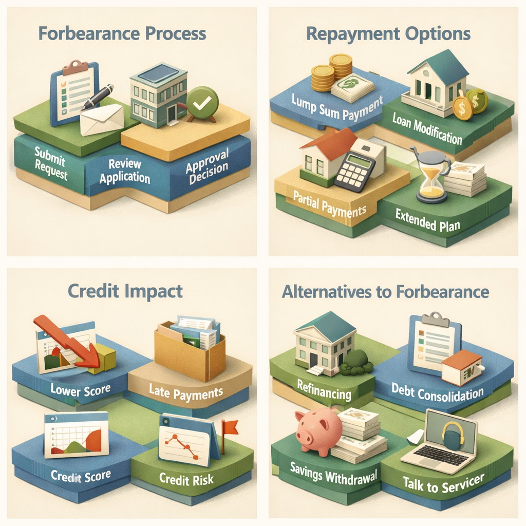 Infographic showing the forbearance process, repayment options, credit impact, and alternatives to forbearance for homeowners.