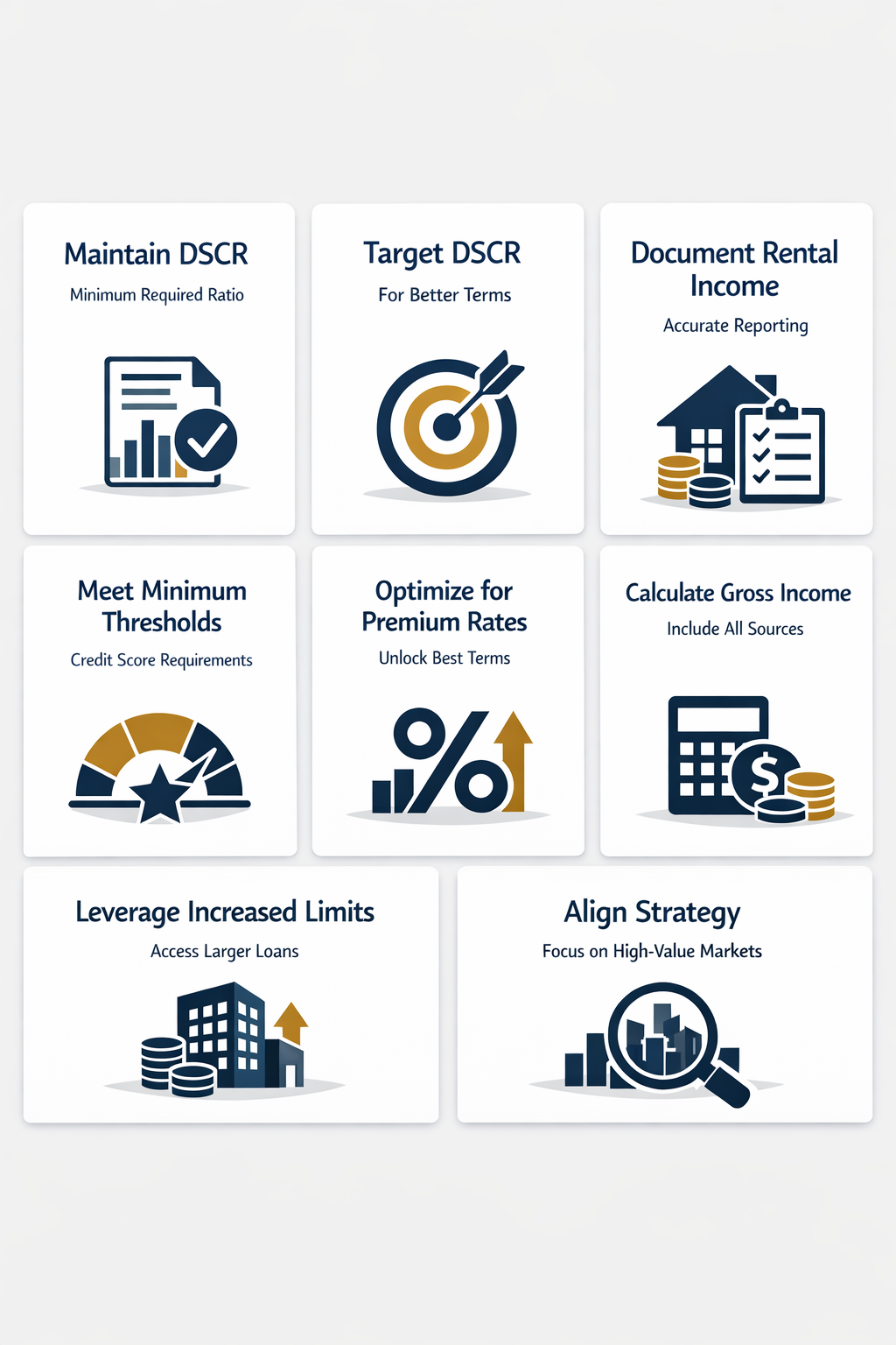 Infographic on essential DSCR requirements and credit score impact for mortgage loan affordability in real estate investing.