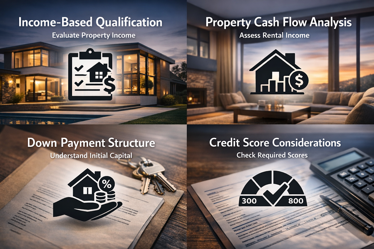 Infographic on essential DSCR loan requirements for investment startups, covering income qualification, cash flow analysis, down payment, and credit scores.