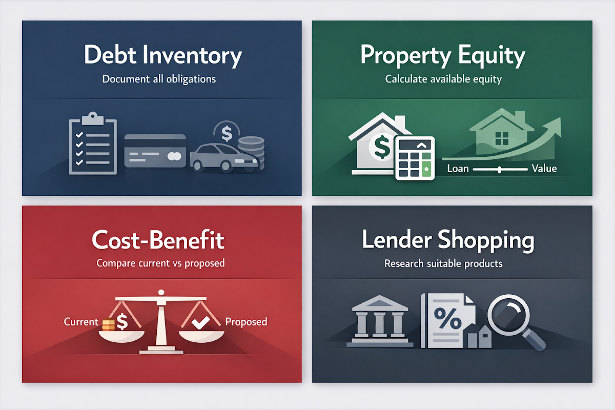 Step-by-step debt consolidation planning process with four key components: Debt Inventory, Property Equity, Cost-Benefit, Lender Shopping.