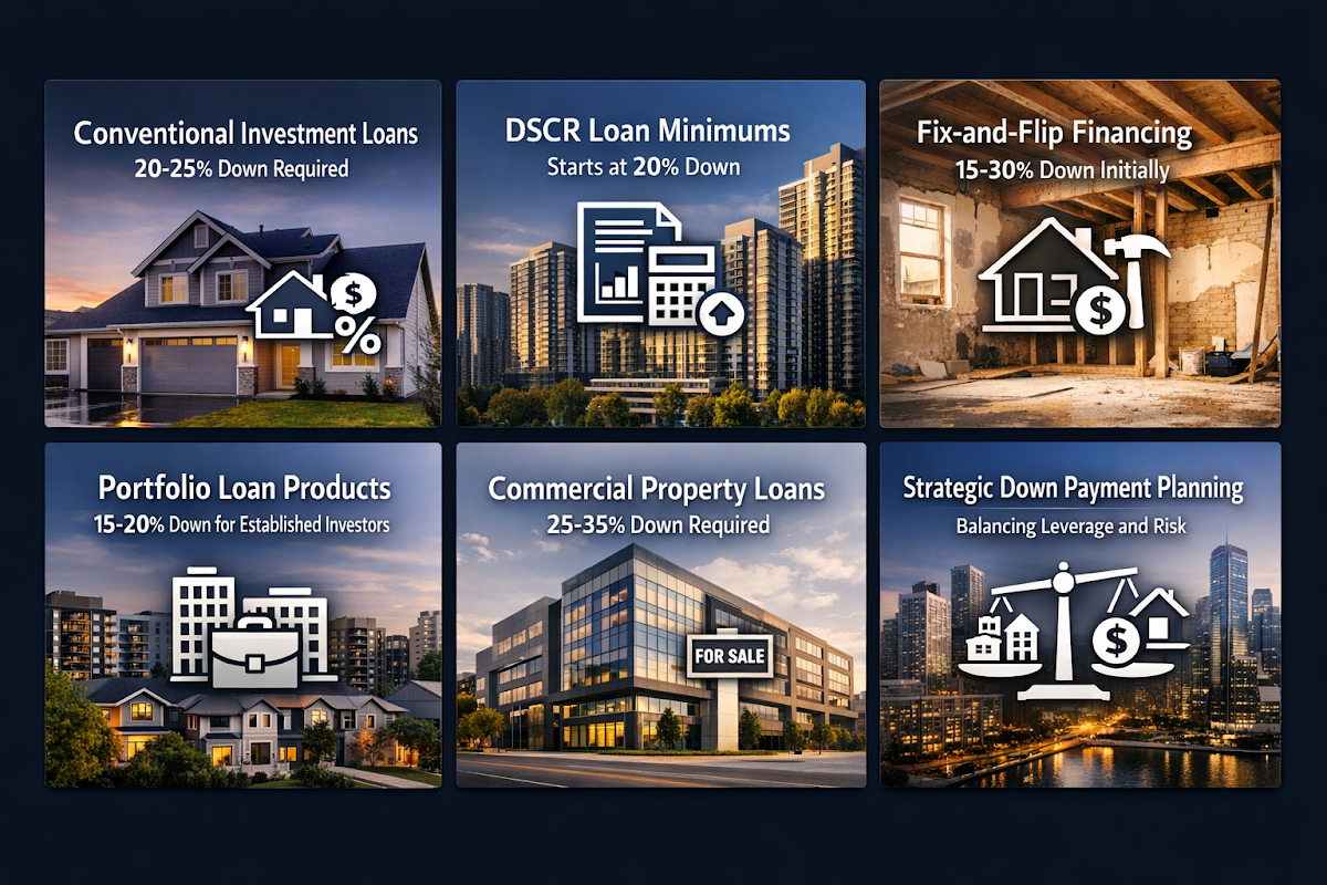 Visual breakdown of minimum down payment requirements for various loan types including conventional, DSCR, and commercial loans.
