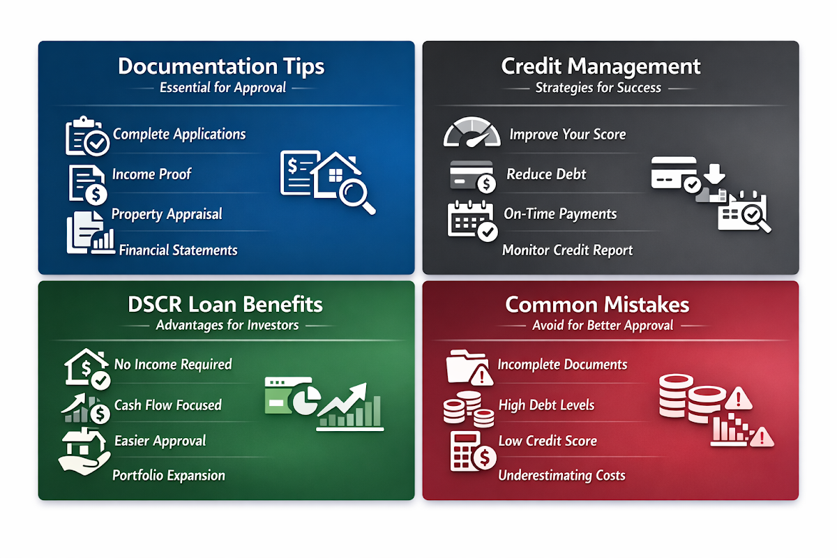 Infographic showing DSCR loan benefits, documentation tips, credit management strategies, and common mistakes for self-employed borrowers.