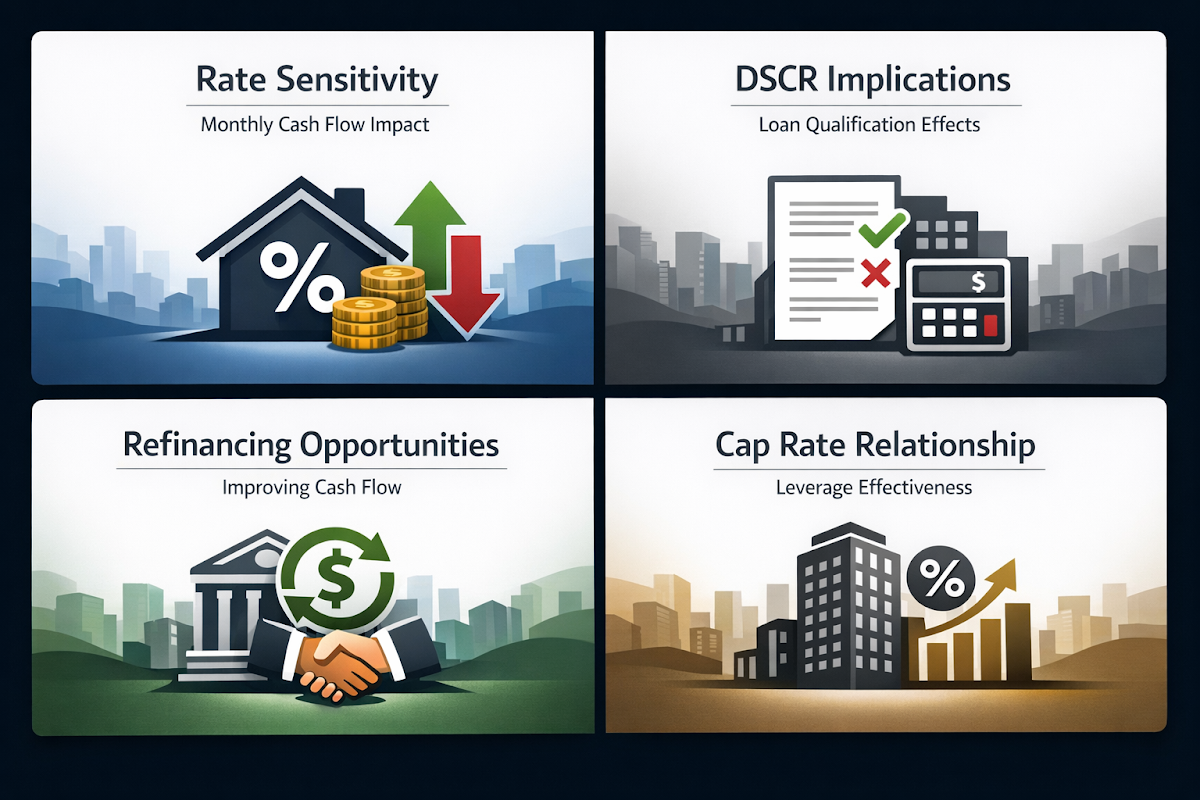 Visualizing the impact of interest rates on investment property returns, including cash flow sensitivity and refinancing opportunities.