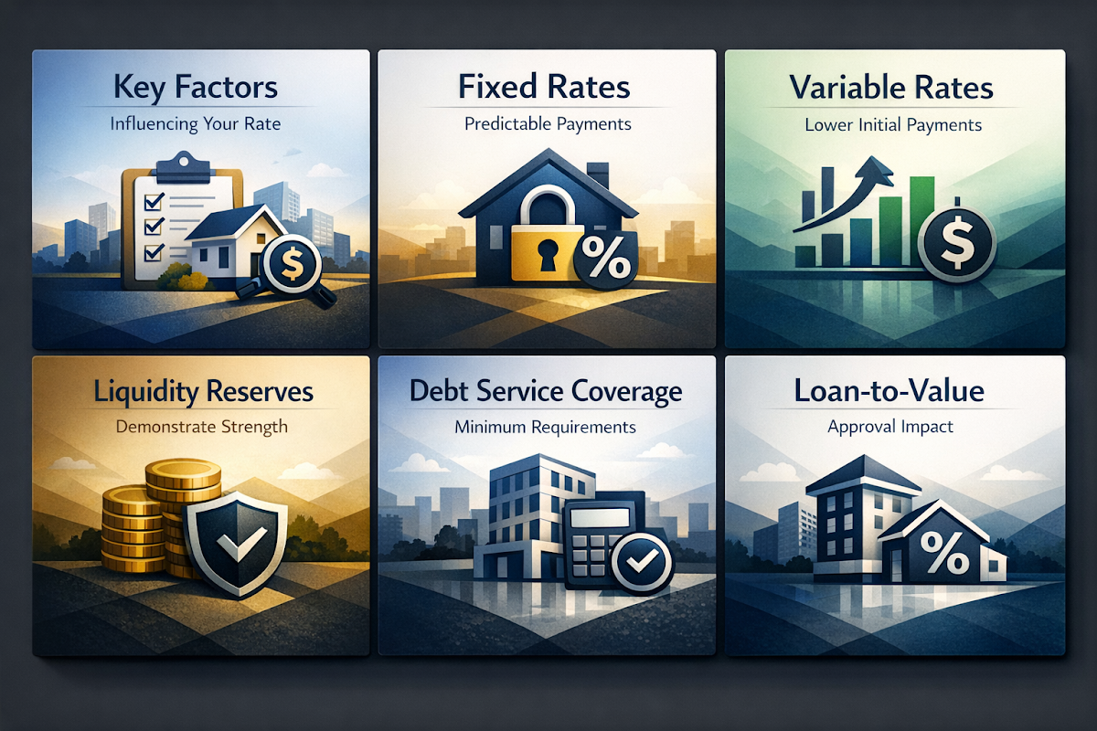 Visual breakdown of key factors influencing mortgage rates, including fixed vs variable rates and liquidity reserves.
