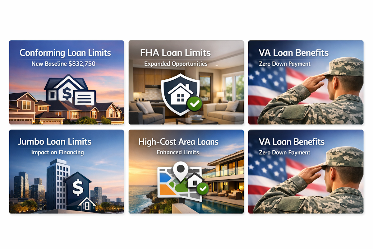 Visual guide on mortgage loan limits including conforming, FHA, VA, jumbo, and high-cost area loans for investors.