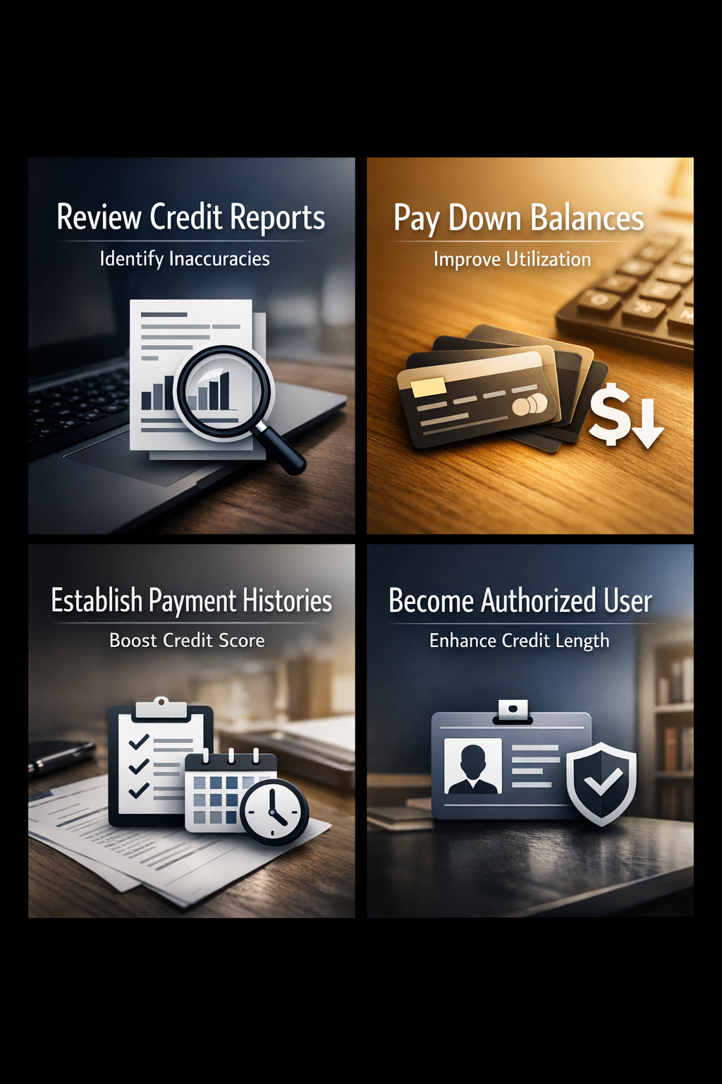 Step-by-step credit improvement strategy for mortgage approval including reviewing reports and paying down balances.