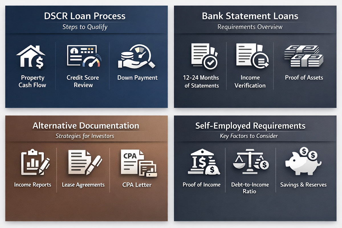 Visualizing the DSCR loan qualification process, bank statement loans, alternative documentation strategies, and self-employed mortgage requirements.