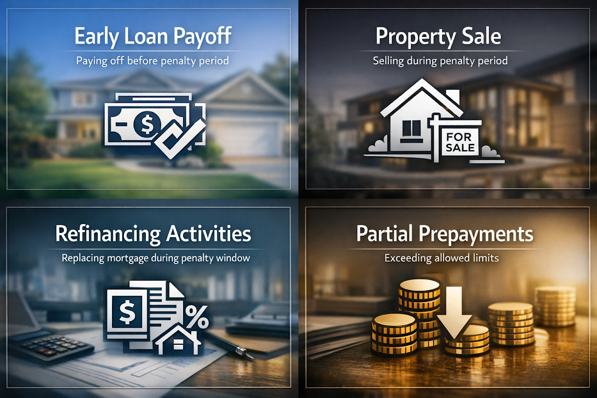 Infographic showing factors triggering mortgage prepayment penalties including early loan payoff and property sale.