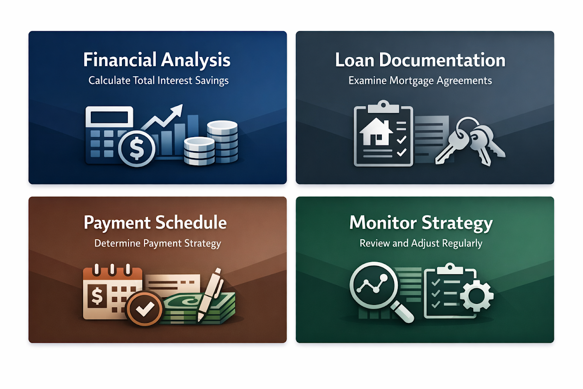 Steps for effective mortgage prepayment strategy including financial analysis, loan documentation, payment schedule, and monitoring strategy.