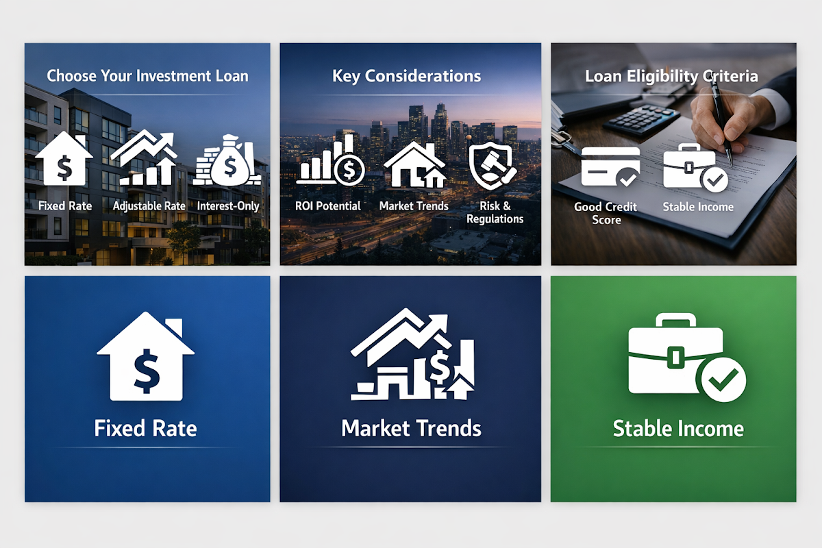 Visual representation of steps to choose an investment loan, key factors, and eligibility requirements for real estate investors.