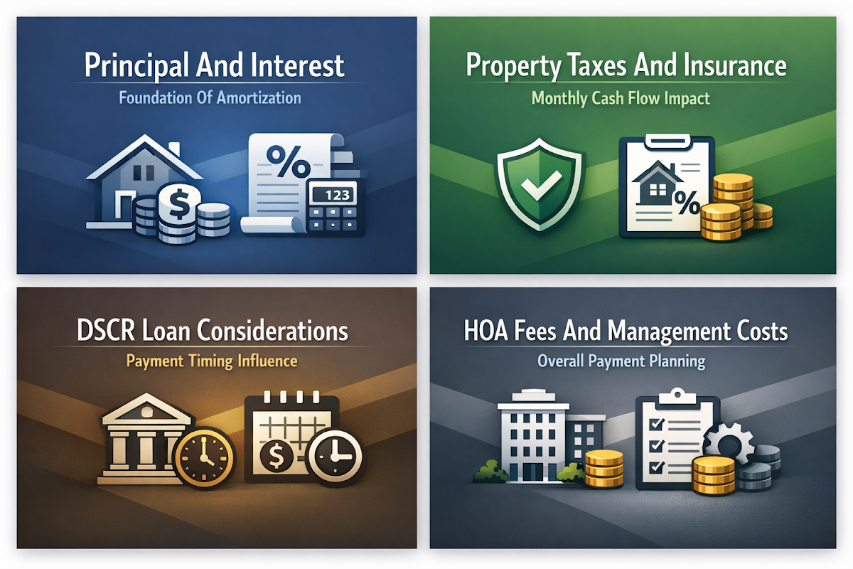 Infographic showing essential components of investment property payment schedules including principal, taxes, DSCR, and HOA fees.