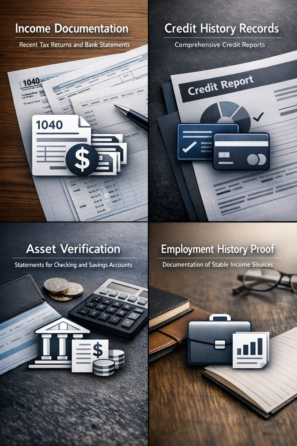 Infographic showing key financial documents required for mortgage pre-approval including income documentation and credit history records.
