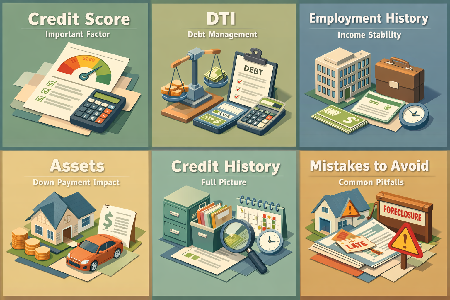 Infographic showing key financial factors for mortgage pre-approval including credit score, DTI, employment, assets, credit history, and common mistakes.