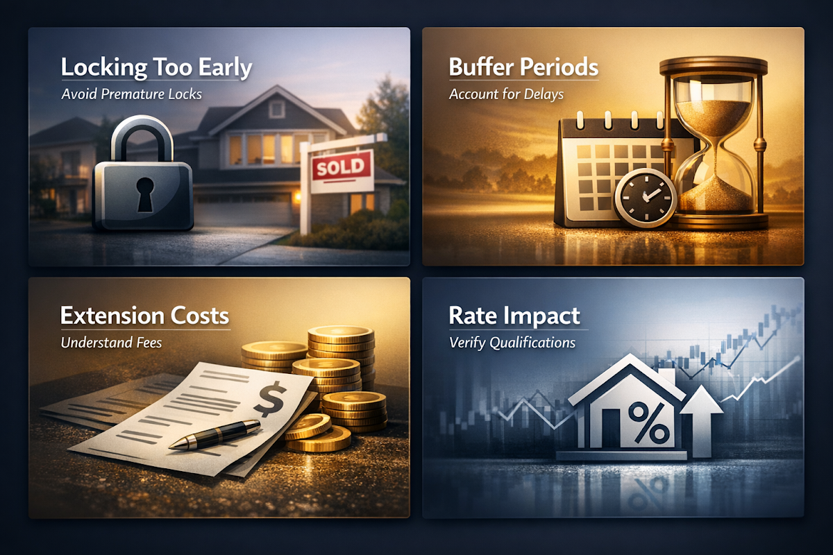 Visual guide on common mistakes when locking mortgage rates, including locking too early and understanding extension costs.