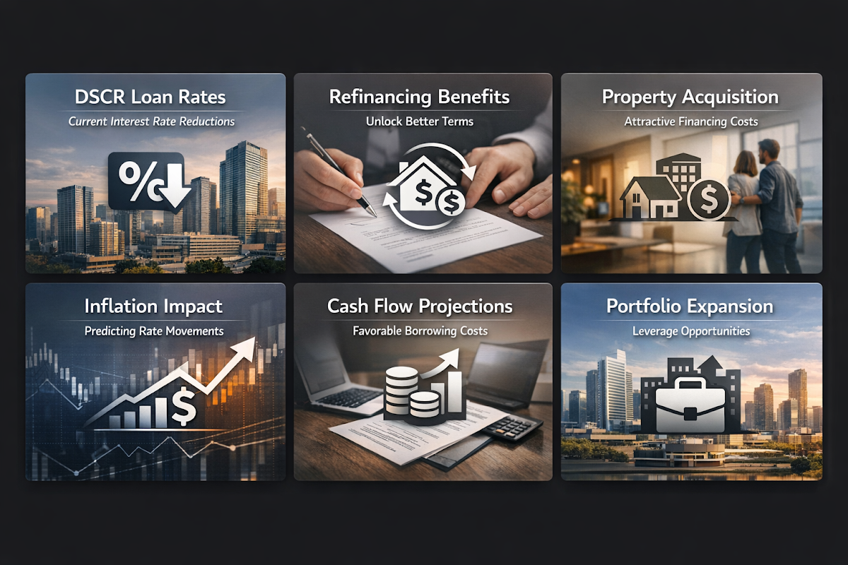 Infographic showing DSCR loan rates, refinancing benefits, property acquisition, inflation impact, cash flow projections, and portfolio expansion.
