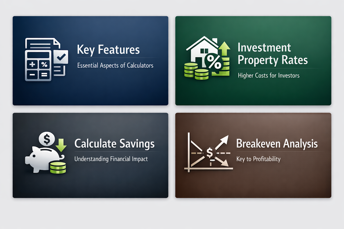 Infographic showing key features of refinance calculators, investment property rates, savings calculations, and breakeven analysis.