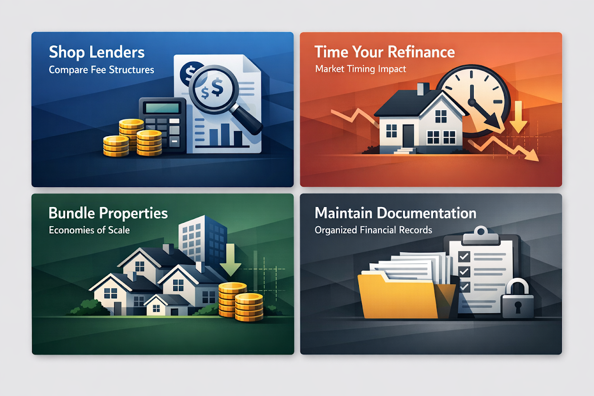 Infographic on mortgage refinance strategies for investors, covering lender shopping, timing, bundling properties, and documentation.