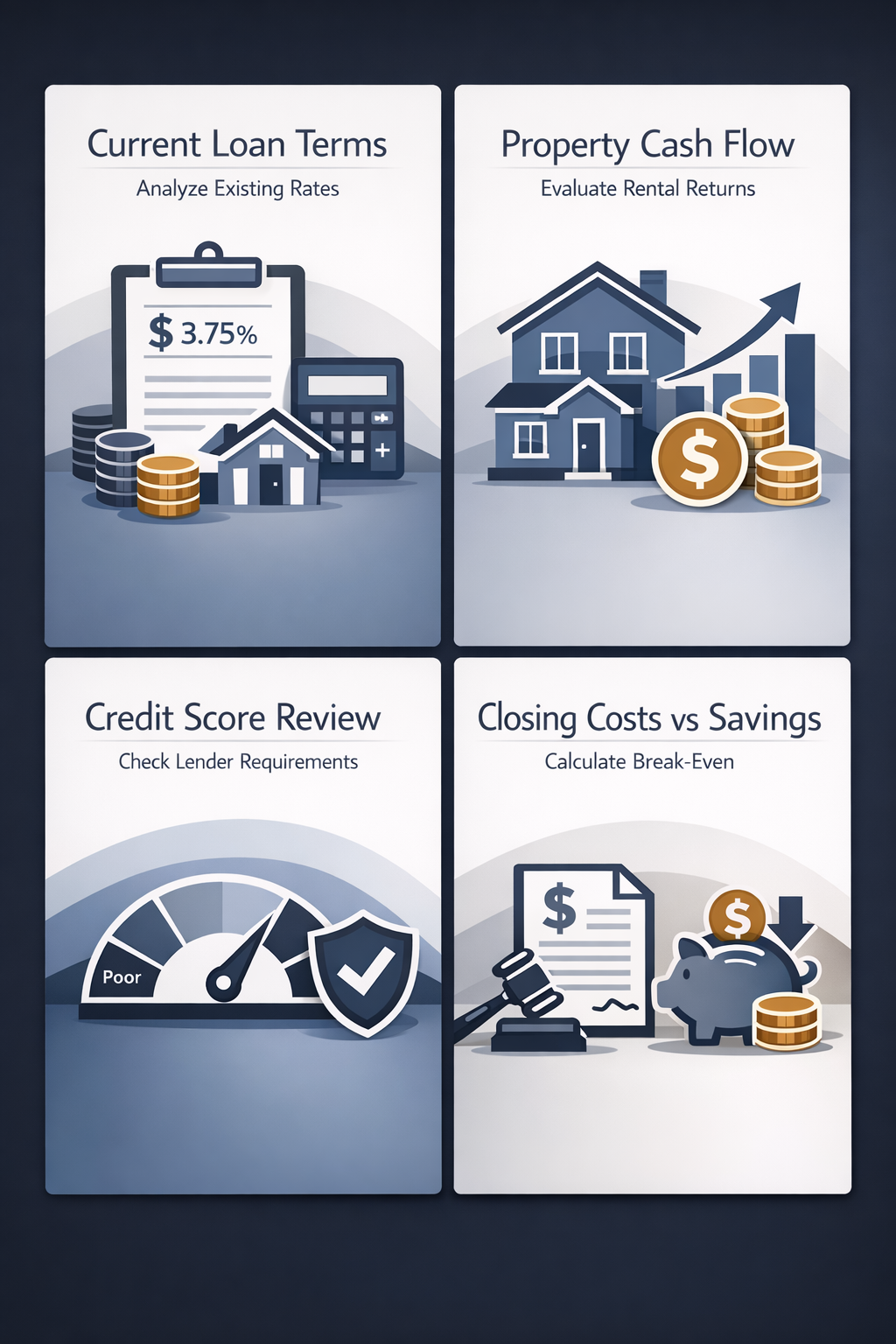 Essential pre-refinance checklist for investment properties with factors like loan terms, cash flow, credit score, and closing costs.