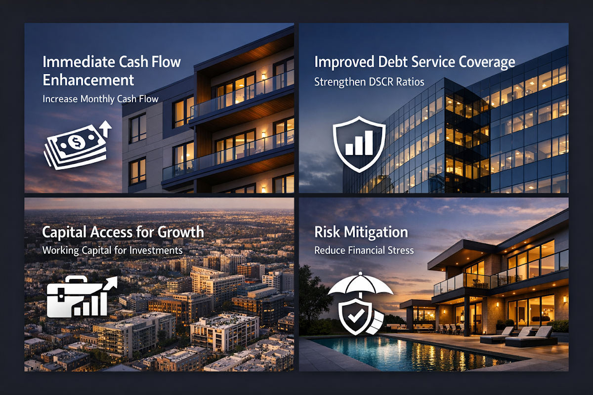 Infographic showing benefits of refinancing for lower rate investment properties including cash flow enhancement and risk mitigation.
