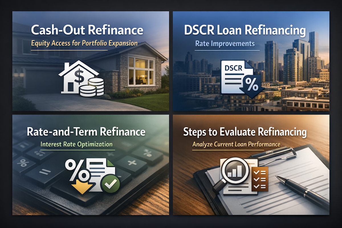 Infographic showing cash-out refinance, DSCR loan refinancing, rate-and-term refinance, and steps to evaluate refinancing opportunities.