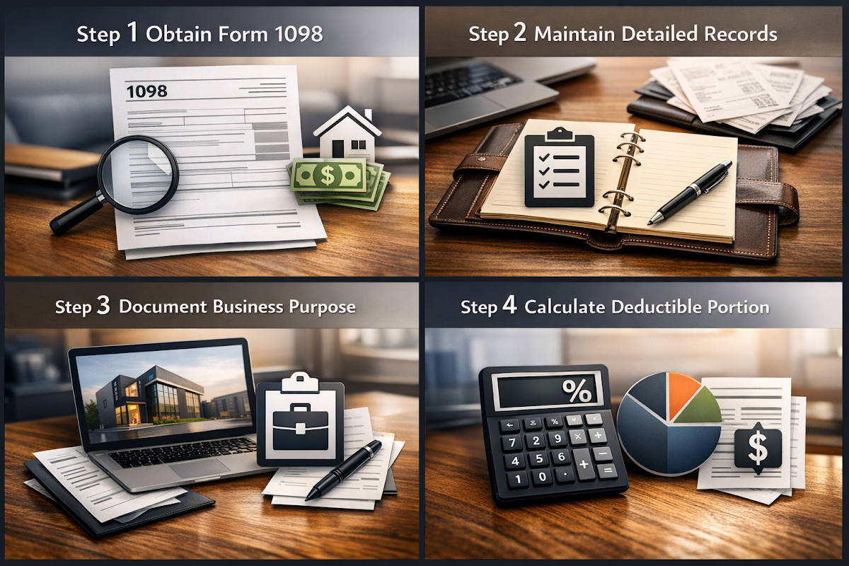 Step-by-step process for claiming mortgage interest deductions with detailed actions for investors.