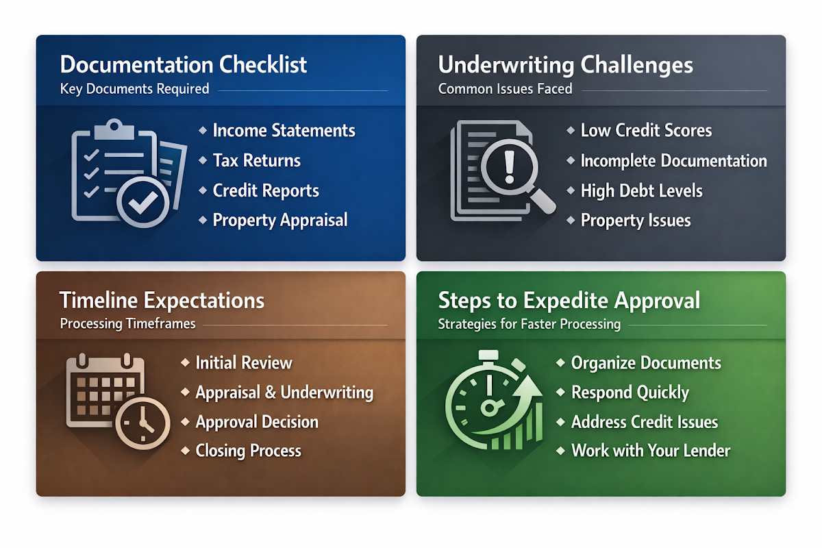 Visual guide on mortgage underwriting process with documentation checklist, challenges, timeline expectations, and approval steps.