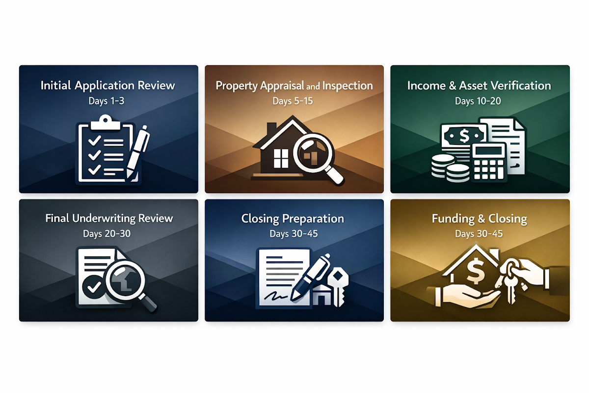Visualizing the mortgage underwriting timeline for investors with key steps and durations for better understanding.