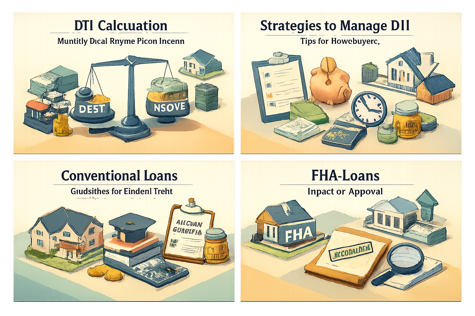Infographic on DTI calculation, strategies to manage DTI, and mortgage program guidelines for student loans.