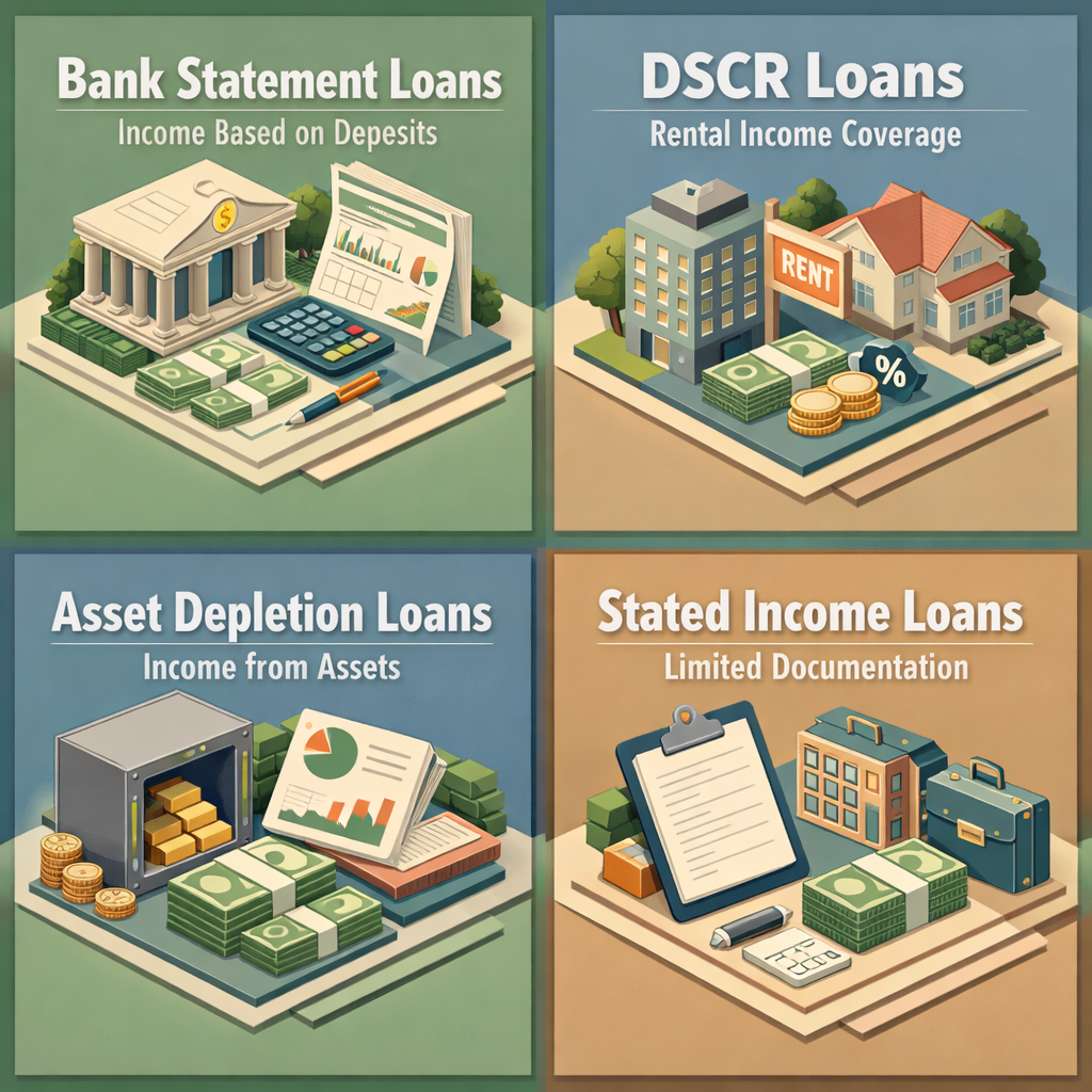 Infographic showing types of alternative documentation mortgage programs including Bank Statement Loans, DSCR Loans, Asset Depletion Loans, and Stated Income Loans.