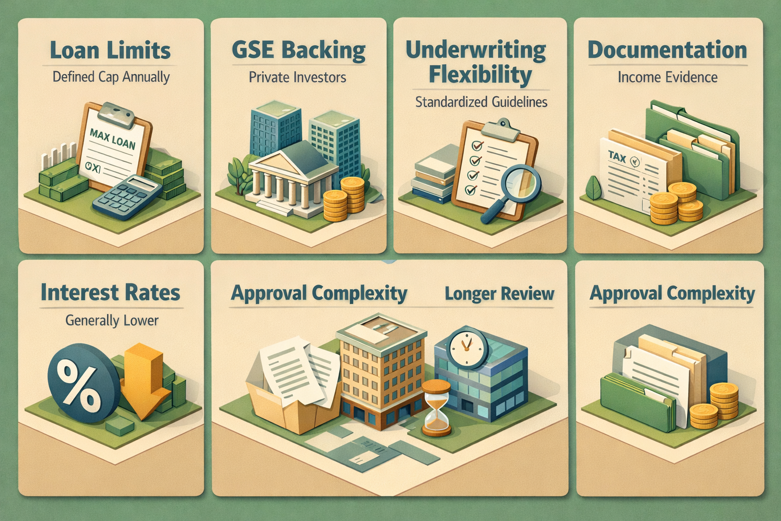 Comparison of non-conforming and conforming loan features including loan limits, GSE backing, underwriting flexibility, documentation, interest rates, and approval complexity.
