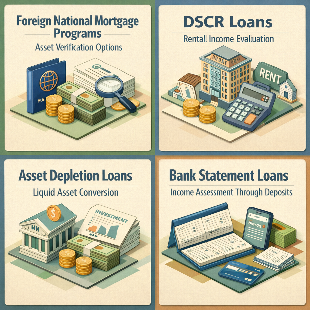 Infographic detailing non-QM loan programs for foreign national ARM refinances including asset verification and income evaluation options.