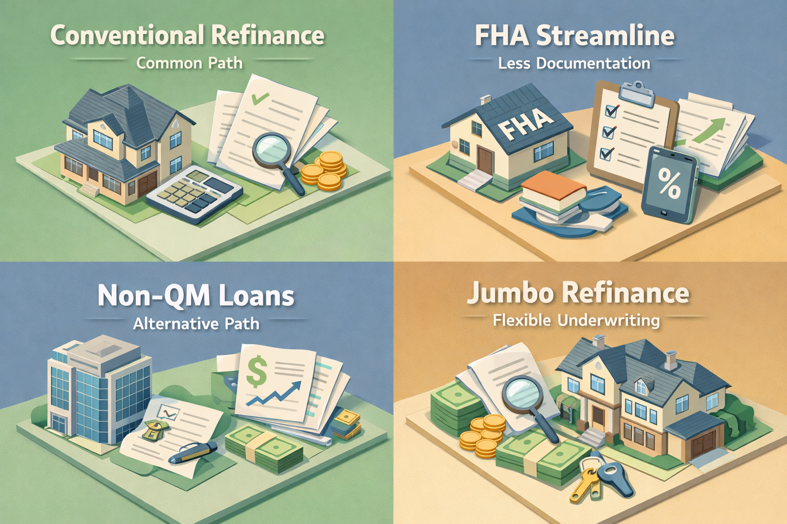 Infographic showing refinancing options for ARM mortgages with fluctuating bonus income including Conventional, FHA, Non-QM, and Jumbo loans.