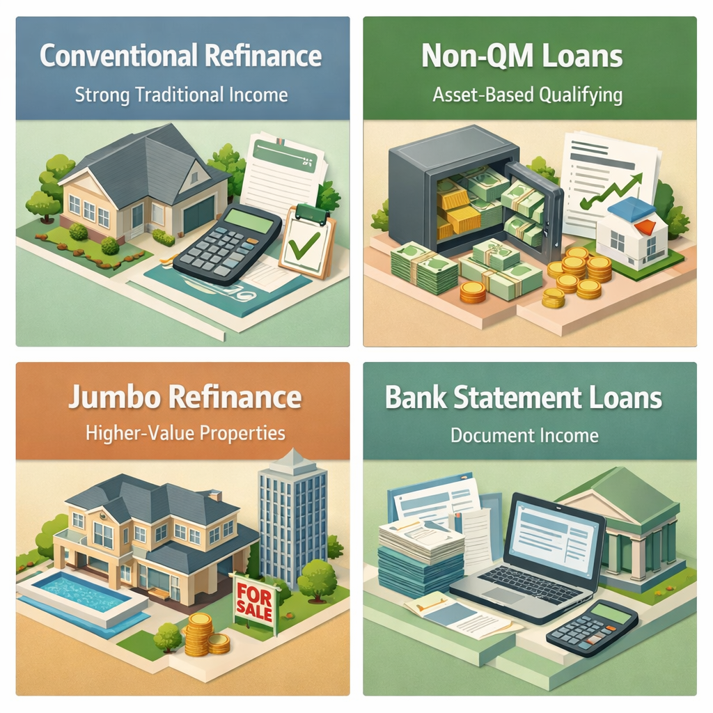 Infographic showing loan program paths for refinancing, including Conventional Refinance, Non-QM Loans, Jumbo Refinance, and Bank Statement Loans.