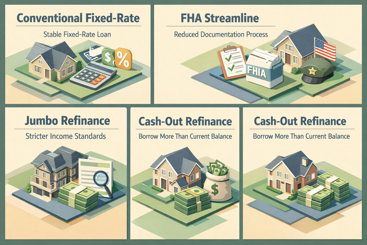 Infographic showing refinancing options for ARM mortgage including Conventional Fixed-Rate, FHA Streamline, VA IRRRL, Jumbo Refinance, and Cash-Out Refinance.